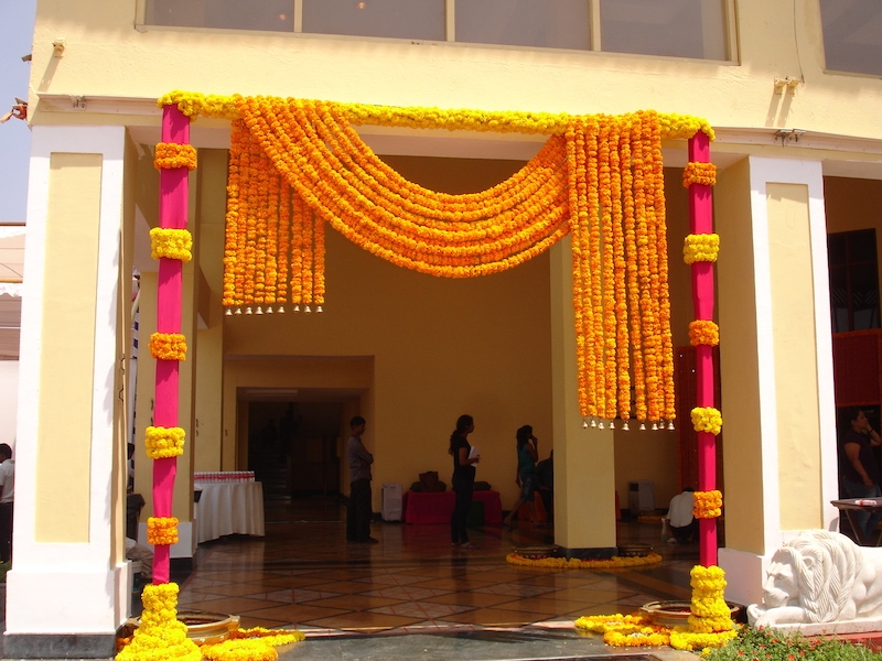 entrance decorated with flower garlands