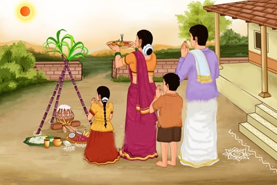a cartoon of a family celebrating pongal
