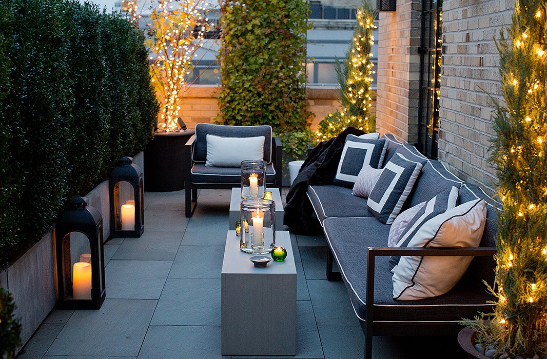 a balcony with aesthetic lighting