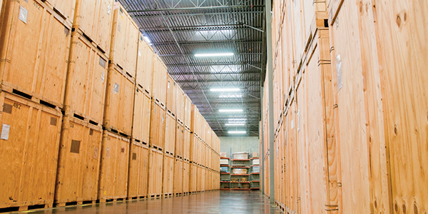 lined containers in a storage facility