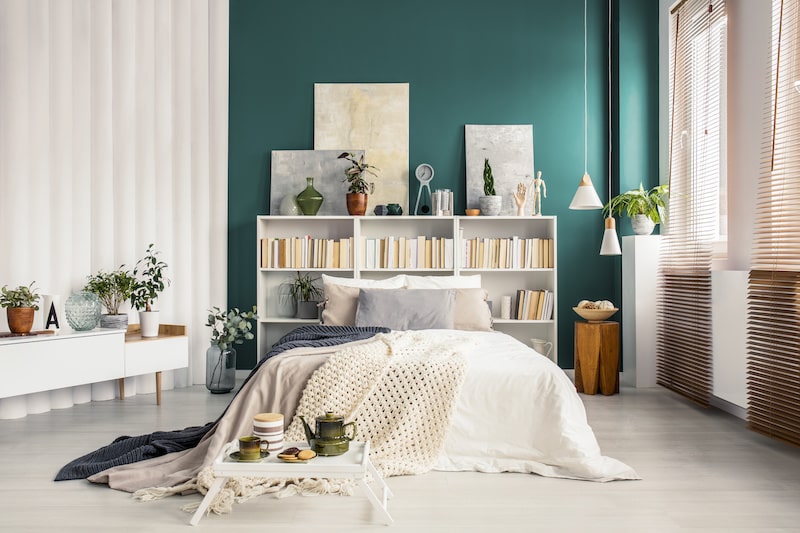 bookshelf in a bedroom