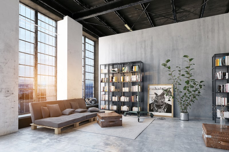 concrete floor in a large living room