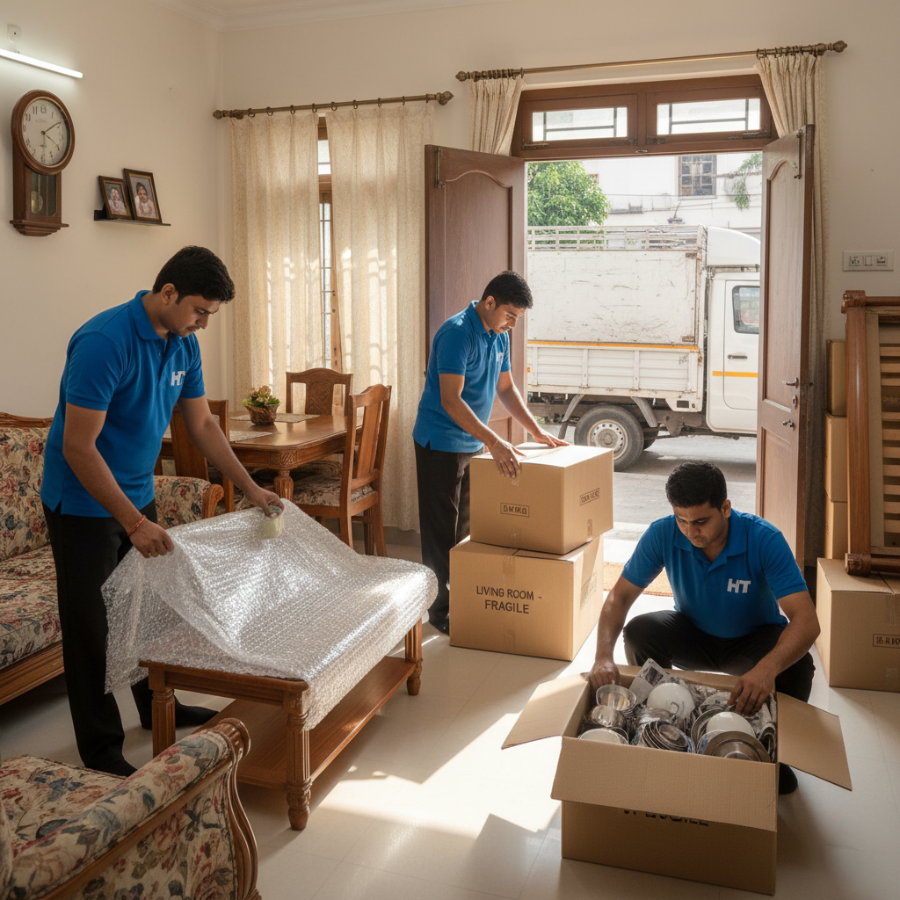 Movers packing household goods