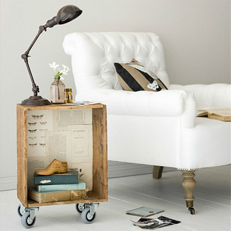 Turn a crate on its side, put some cool castors and paper in the inside with something interesting and it makes a cool industrial side table with storage!