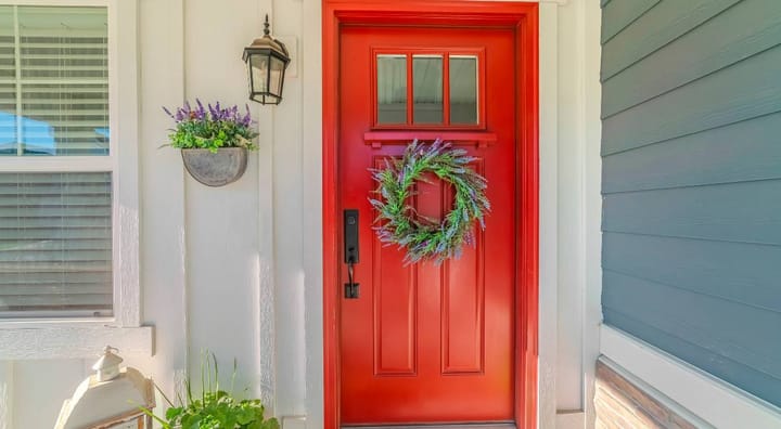 Red Front Door of Modern Home