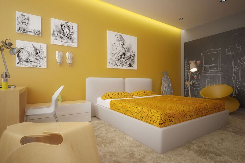bed with yellow covers